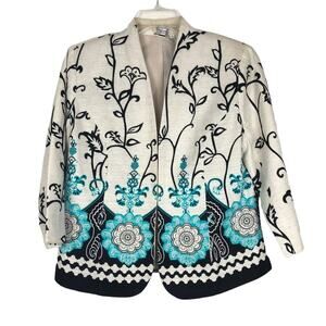 Silkland Floral Silk Blazer Lined 3 Eyelet Closure Size S Blue White Black Retro